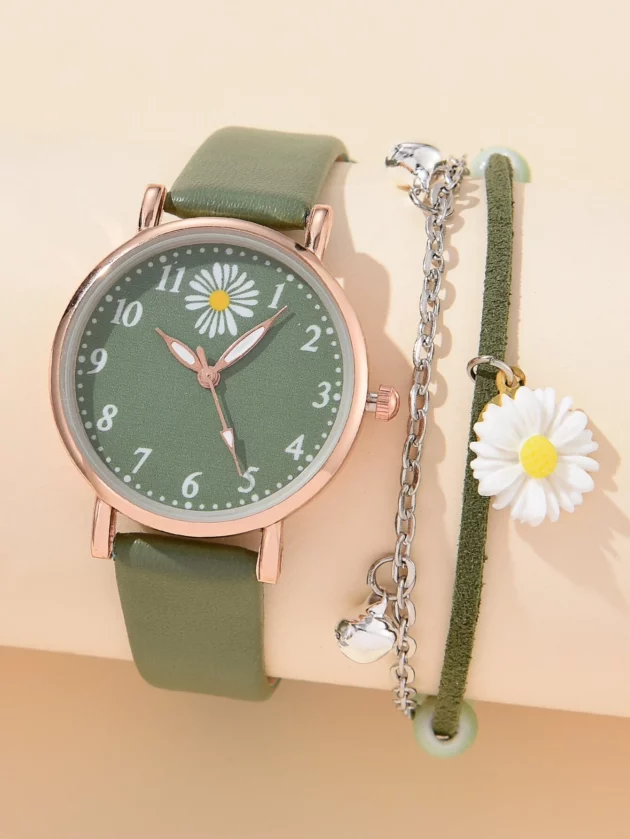 Flower Print Round Pointer Quartz Watch